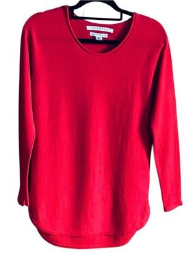 Women's Max Studio long-sleeve red sweater with high-low hem and crew neck.